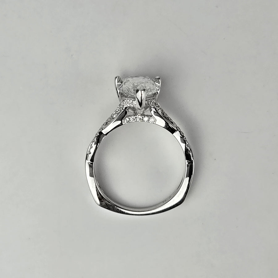 Solid 14k Gold 2.8ct E VVS2 Lab Diamond Pear Ring with Lab Diamond Side and Hidden Halo, Euro Shank(P803)