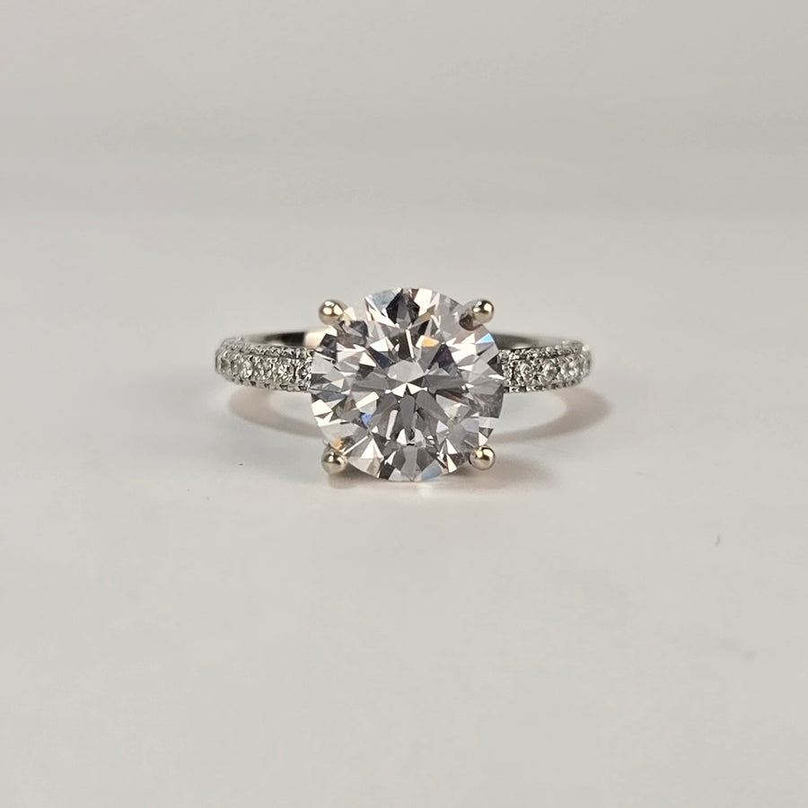 Solid 14k Gold 2.5ct D VVS2 Lab Diamond Round Ring with Lab Diamond 3D Side Stones, Hidden Halo & Half Eternity
