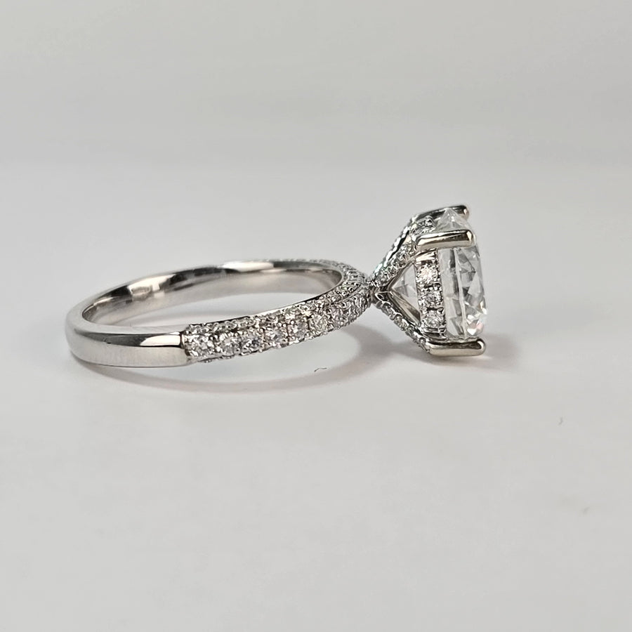 Solid 14k Gold 2.5ct D VVS2 Lab Diamond Round Ring with Lab Diamond 3D Side Stones, Hidden Halo & Half Eternity