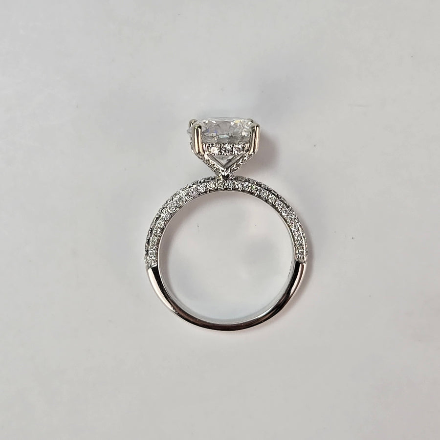 Solid 14k Gold 2.5ct D VVS2 Lab Diamond Round Ring with Lab Diamond 3D Side Stones, Hidden Halo & Half Eternity