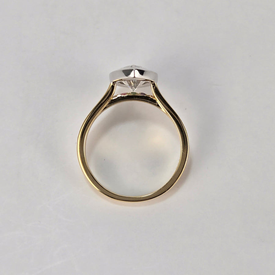 Solid 18k White and Yellow Gold 2ct E VS1 Marquise Lab Diamond Ring with Colorful Natural Sapphire Side Stone