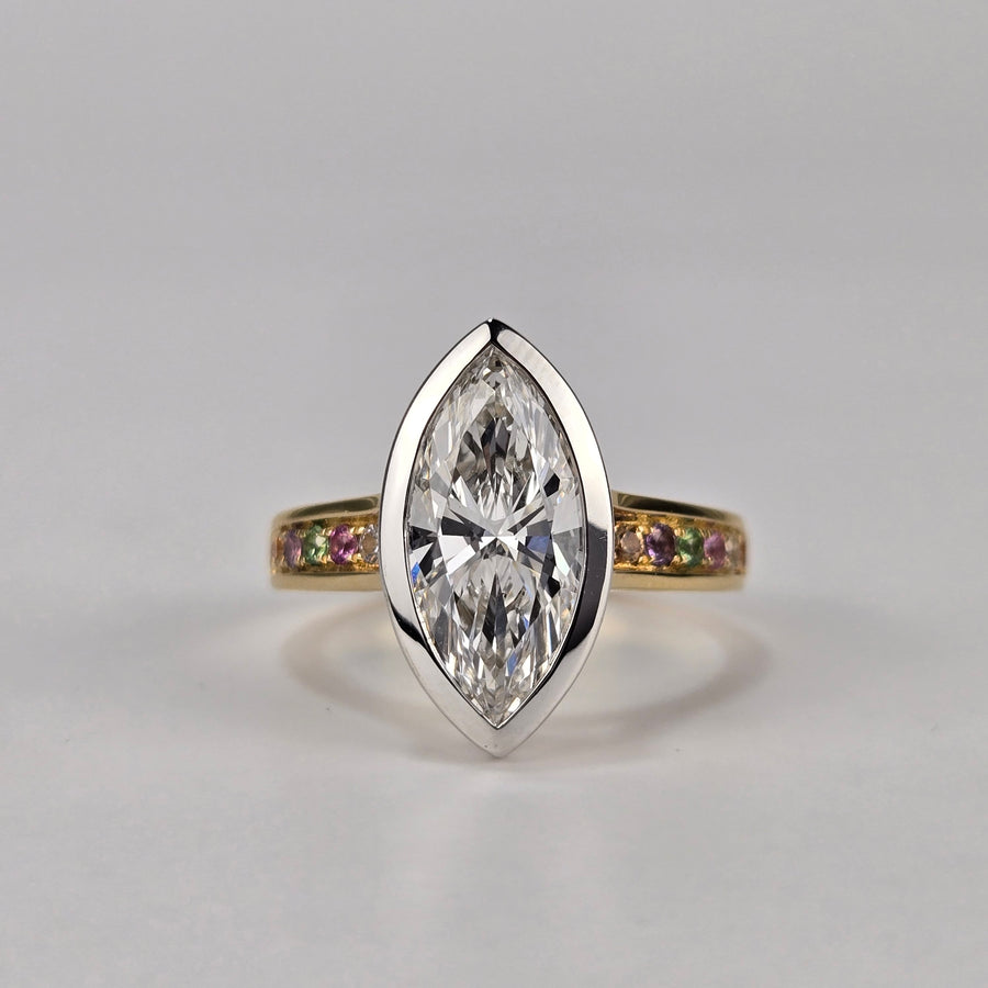 Solid 18k White and Yellow Gold 2ct E VS1 Marquise Lab Diamond Ring with Colorful Natural Sapphire Side Stone