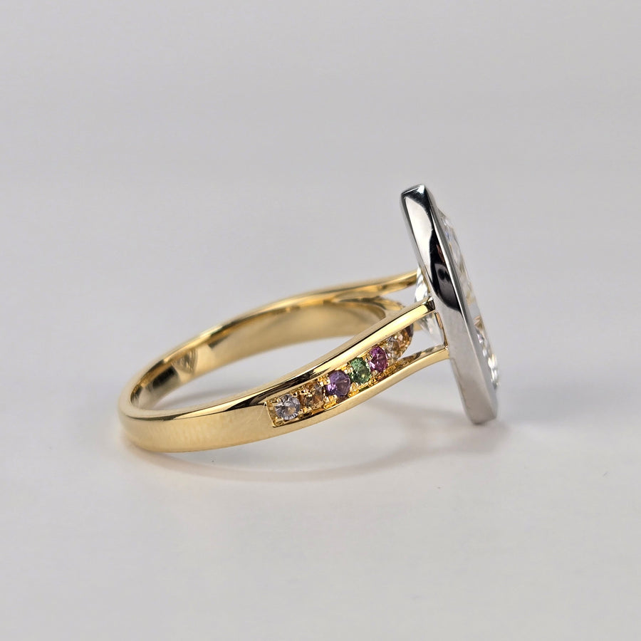 Solid 18k White and Yellow Gold 2ct E VS1 Marquise Lab Diamond Ring with Colorful Natural Sapphire Side Stone