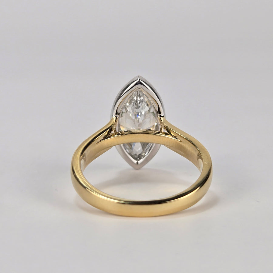 Solid 18k White and Yellow Gold 2ct E VS1 Marquise Lab Diamond Ring with Colorful Natural Sapphire Side Stone