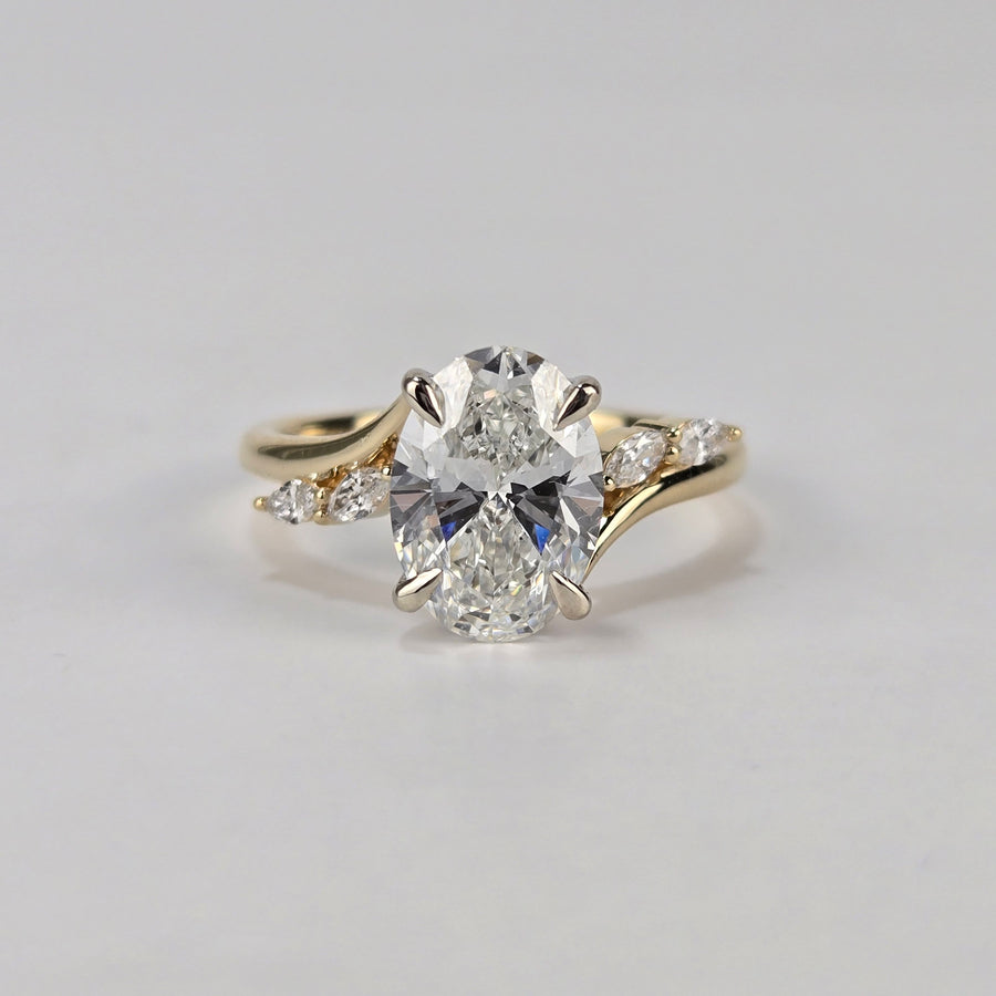 Solid 18k White and Yellow Gold 2.5ct F VVS2 Lab Oval Diamond Ring with Side Lab Marquise Diamond(OV816)