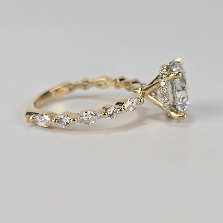 Solid 14k White & Yellow Gold 3ct E VVS2 Lab Diamond Round Ring with Lab Diamond Side Stones and Hidden Halo
