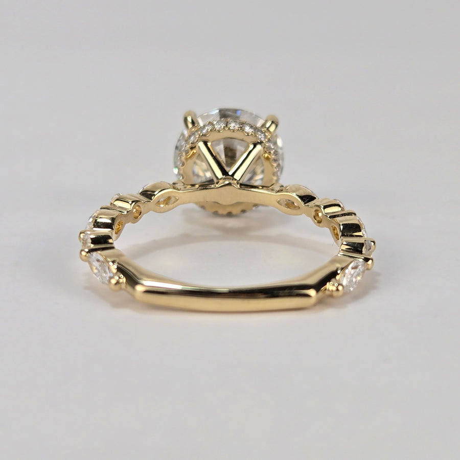 Solid 14k White & Yellow Gold 3ct E VVS2 Lab Diamond Round Ring with Lab Diamond Side Stones and Hidden Halo