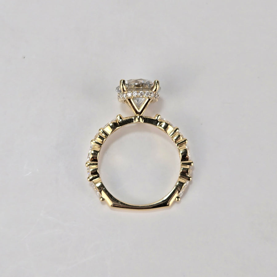 Solid 14k White & Yellow Gold 3ct E VVS2 Lab Diamond Round Ring with Lab Diamond Side Stones and Hidden Halo
