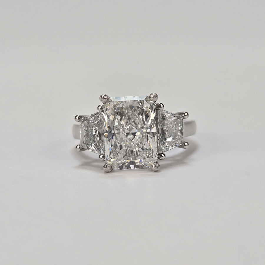 Platinum 3ct F VS1 Radiant Lab Diamond Ring with Brilliant Trapezoid Lab Diamond Side Stones