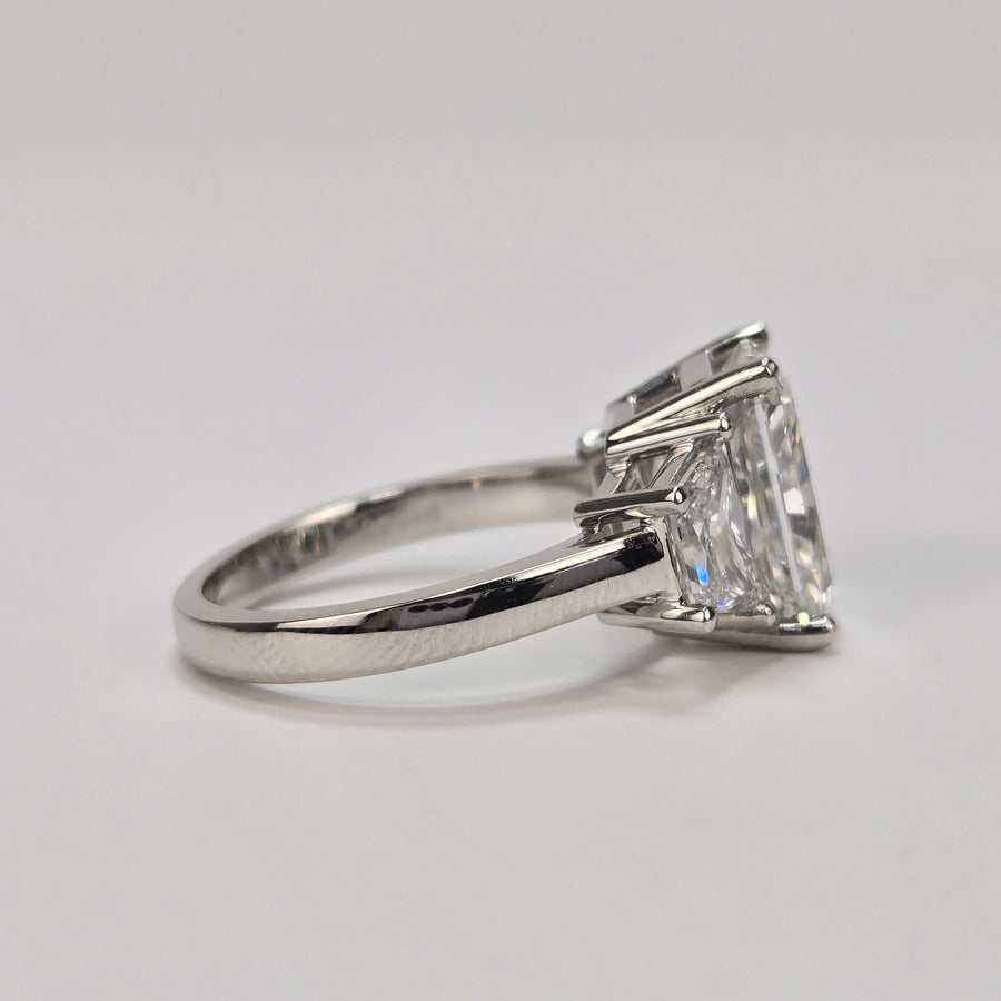 Platinum 3ct F VS1 Radiant Lab Diamond Ring with Brilliant Trapezoid Lab Diamond Side Stones