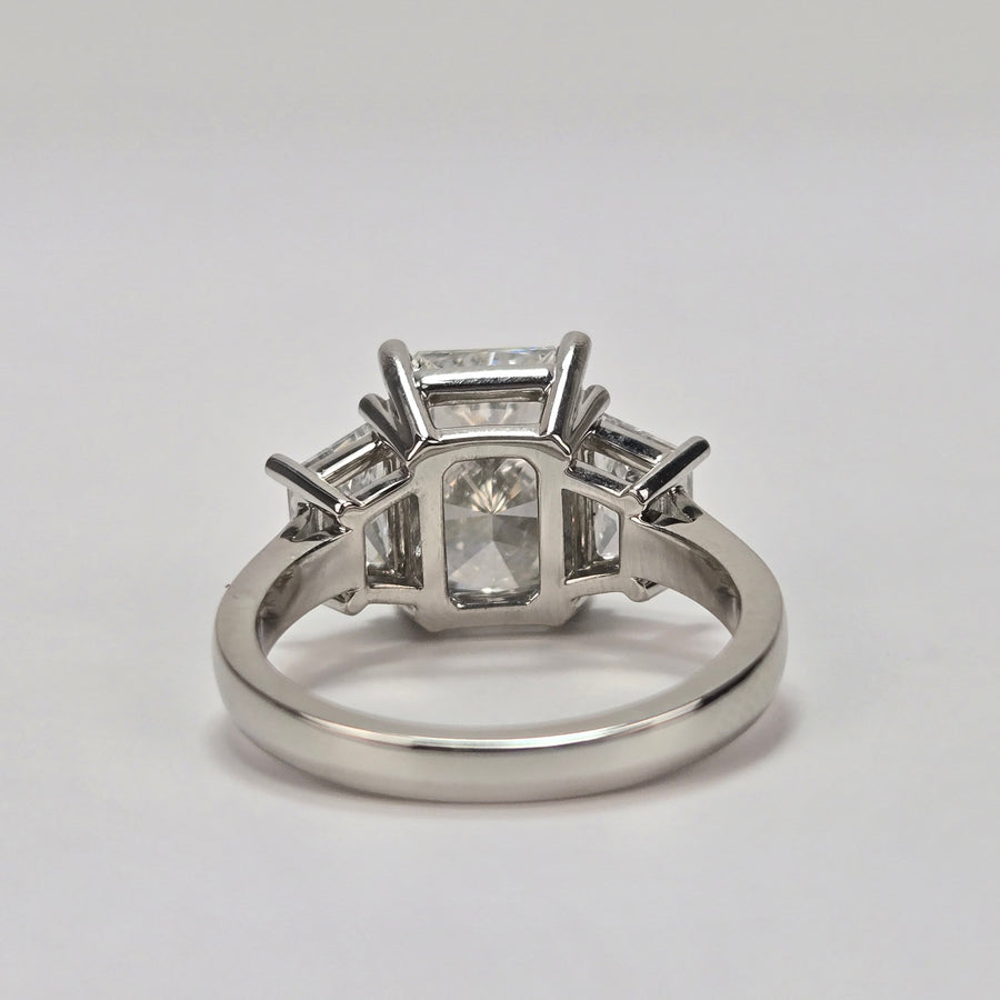 Platinum 3ct F VS1 Radiant Lab Diamond Ring with Brilliant Trapezoid Lab Diamond Side Stones