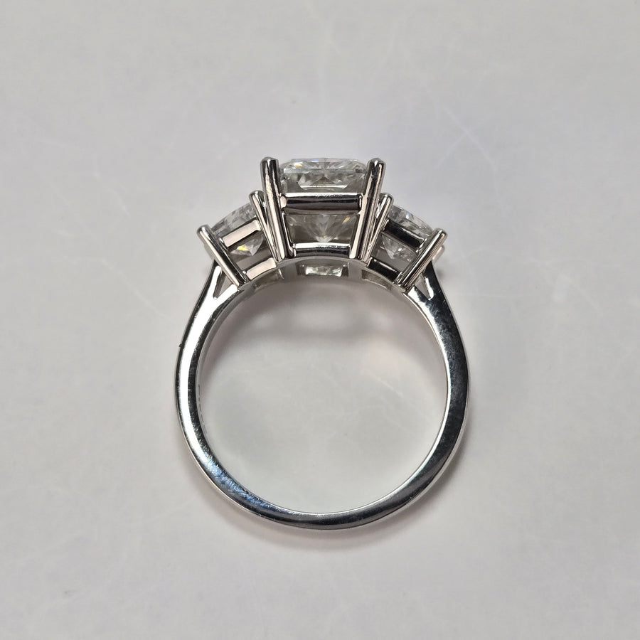 Platinum 3ct F VS1 Radiant Lab Diamond Ring with Brilliant Trapezoid Lab Diamond Side Stones