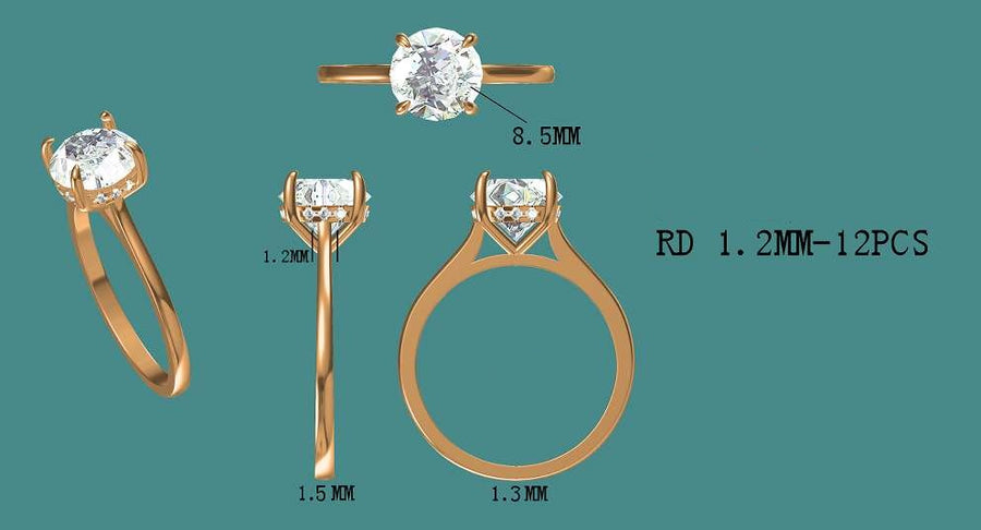Solid 14k Gold 2.5ct (8.5mm) D VVS1 Round Moissanite Ring with Moissanite Hidden Halo, Cathedral Setting