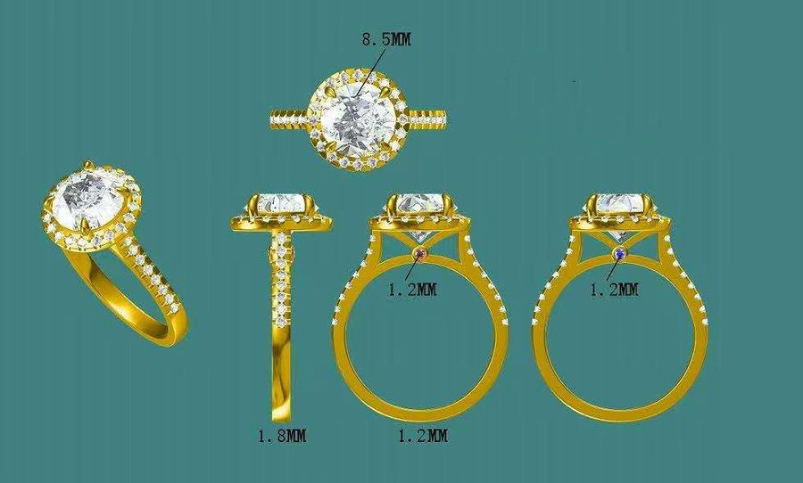 Solid 10k Gold 2.5ct Round Moissanite Ring with Side and Halo Moissanite (3248) JAN