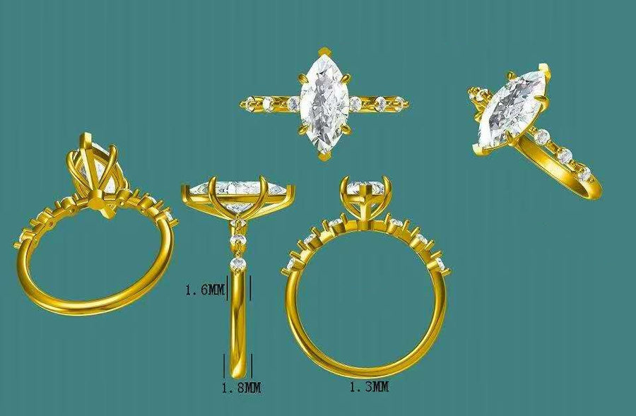 Solid 14k Gold 1.8ct F VS1 Lab Marquise Diamond Ring with EF VS Lab Diamond Side Stones