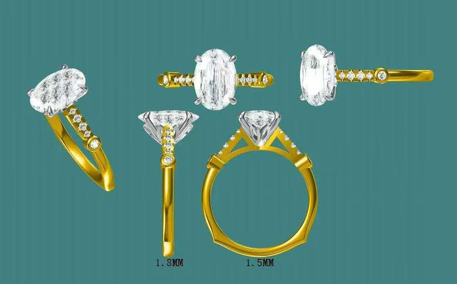 Solid 14k White and Yellow Gold 2.5ct E VS1 Lab Oval Diamond Ring with EF VS Lab Diamond Side Stones