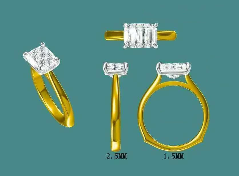 Solid 14k White and Yellow Gold 2.5ct E VVS2 Lab Diamond Cushion Ring, Euro Shank, East/West Setting