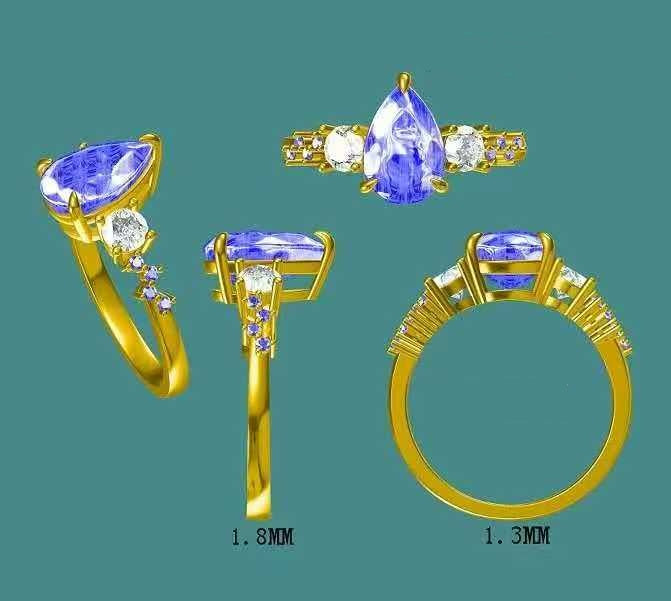 solid 14k gold 2.5ct royal blue pear moissanite ring with side lab diamond and natural blue sapphire  3311  FEB