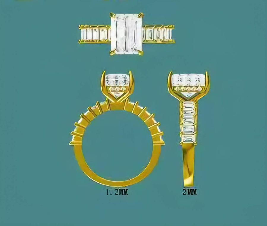 Solid 10k Gold 3ct (7x9mm) D VVS1 Radiant Moissanite Ring with Baguette Moissanite Side Stones, Half Eternity, and Moissanite Hidden Halo