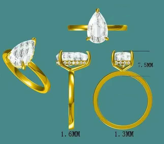 solid 14k gold 3ct pear moissanite ring with hidden halo moissanite  3322  FEB