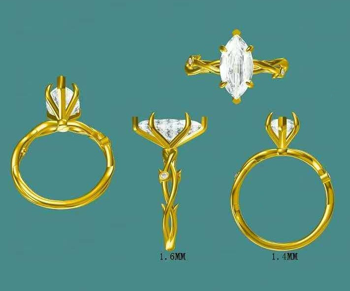 Solid 14k Gold 2ct E VVS2 Marquise Lab Diamond Vine Ring