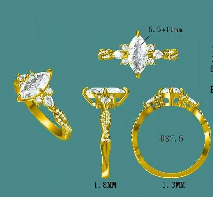 solid 18k gold 1.5ct marquise moissanite ring with side moissanite  3459  MAY