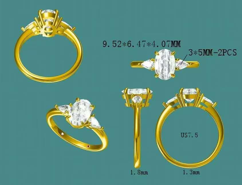 Solid 14k Gold 1.5ct F VS1 Oval Lab Diamond Ring with Lab Pear Diamond Side Stone