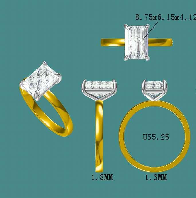 Solid 14k White and Yellow Gold 1.8ct F VS1 Radiant Lab Diamond Ring