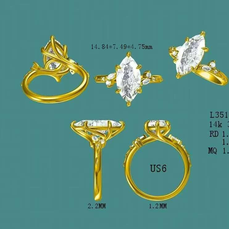 Solid 14k Gold 3ct D VVS2 Marquise Lab Diamond Ring with Lab Diamond Side Stone