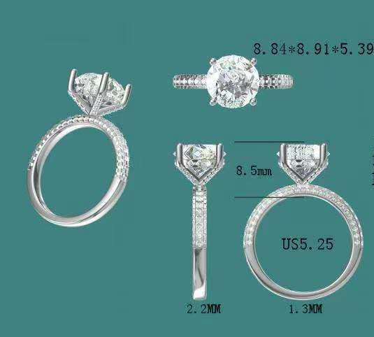 Solid 10k Gold 2.5ct D VVS2 Round Lab Diamond Ring with Lab Diamond Side Stones, Hidden Halo & 3D Setting