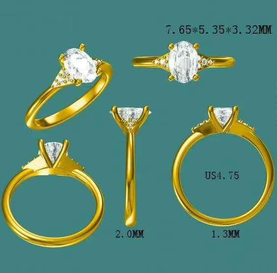 Solid 14k Gold 1ct F VS1 Oval Lab Diamond Ring with Lab Diamond Side Stone Cluster