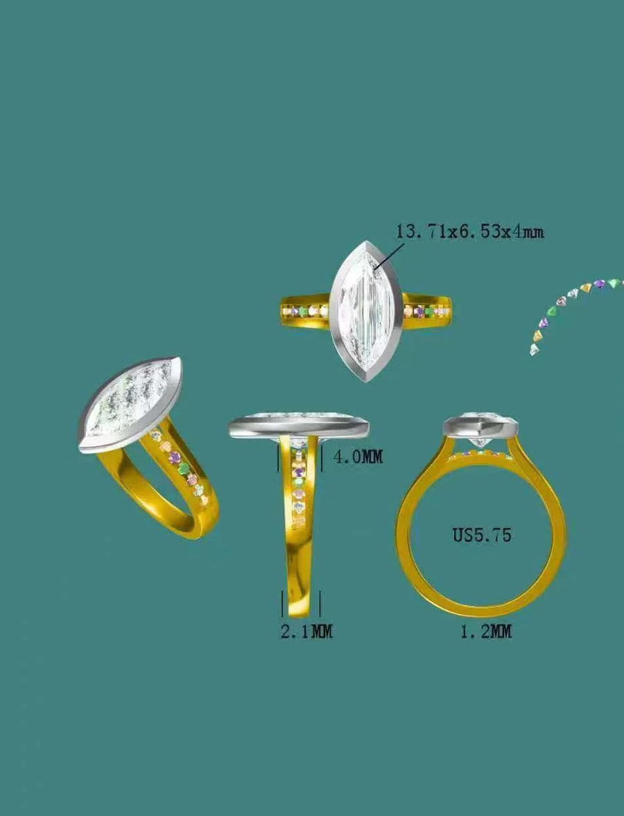 Solid 18k White and Yellow Gold 2ct E VS1 Marquise Lab Diamond Ring with Colorful Natural Sapphire Side Stone