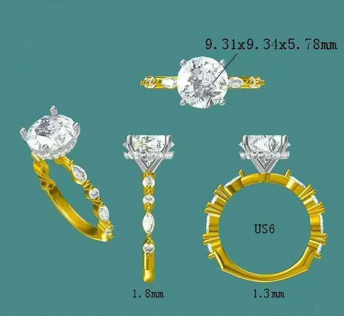 Solid 14k White & Yellow Gold 3ct E VVS2 Lab Diamond Round Ring with Lab Diamond Side Stones and Hidden Halo