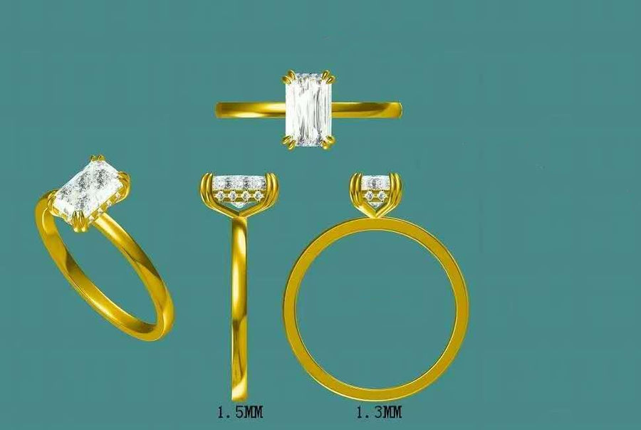 Solid 14k Gold 1.5ct (5×8mm) D VVS1 Radiant Moissanite Ring with Moissanite Hidden Halo