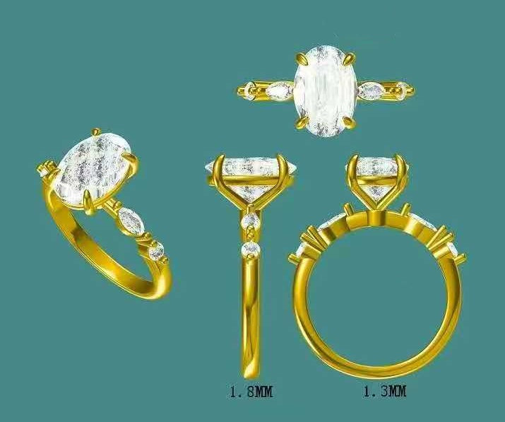solid 14k gold 2.5ct oval moissanite ring with side marquise/round moissanite, 1/3 eternity  APR