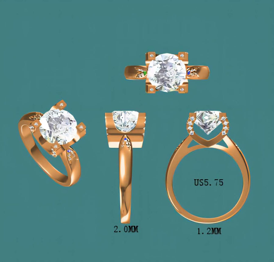 Solid 10k Gold 3ct D VVS1 Moissanite Round Ring with Moissanite Side Stones