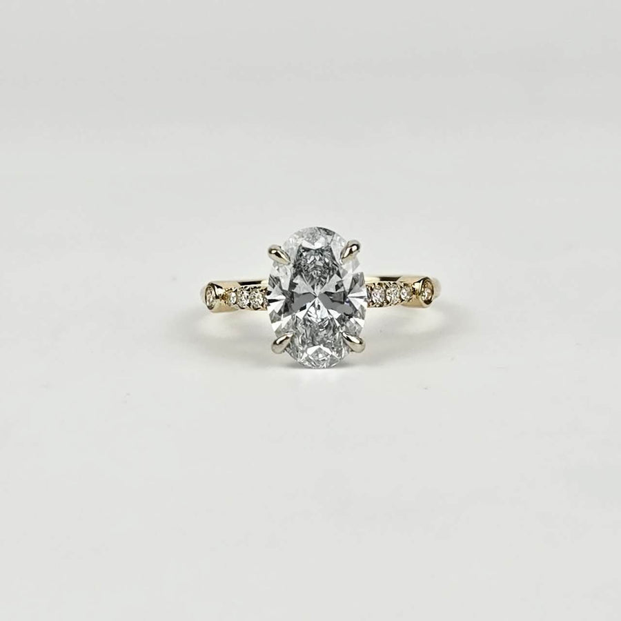 Solid 14k White and Yellow Gold 2.5ct E VS1 Lab Oval Diamond Ring with EF VS Lab Diamond Side Stones (OV860)