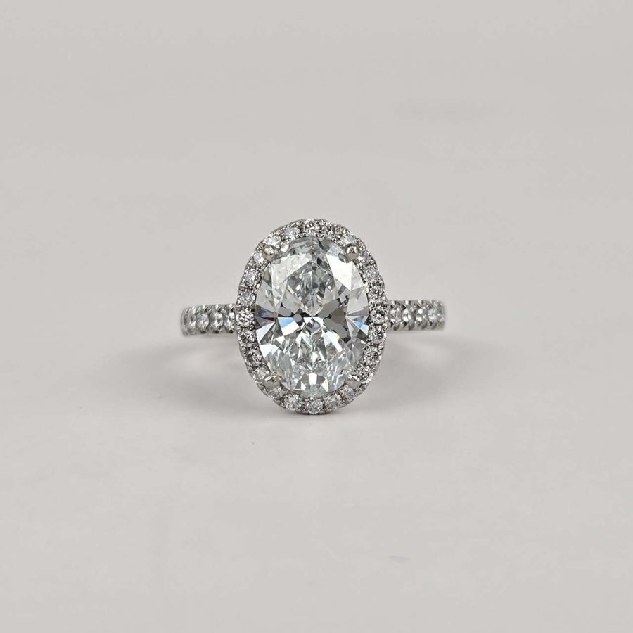 Platinum 2ct D VVS2 Lab Diamond Oval Ring with Lab Diamond Side and Halo Stones (OV856)