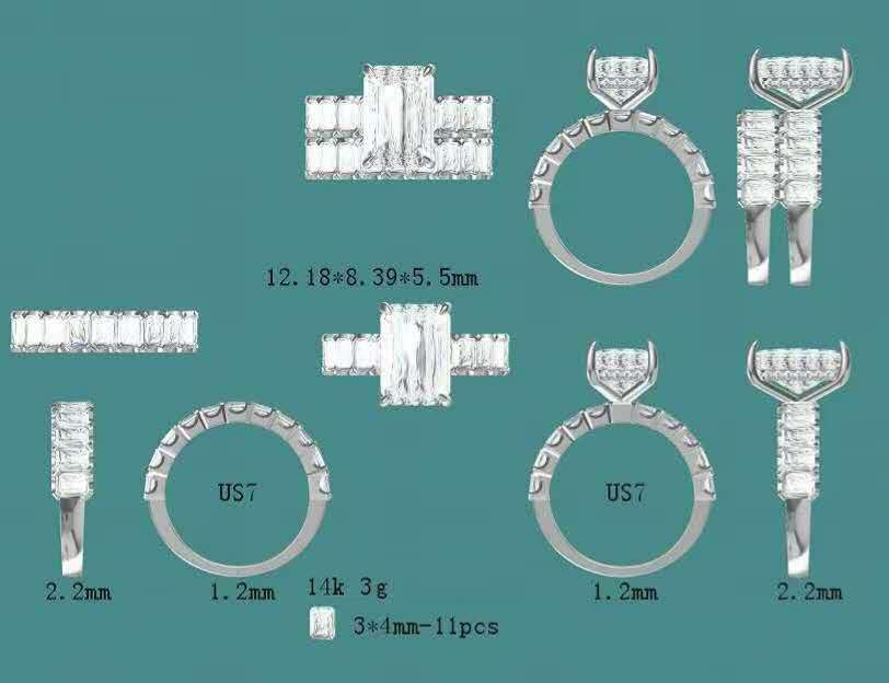 Solid 14k Gold 5ct G VS1 Radiant Lab Diamond Ring with  3*4mm Radiant Band & Matching Band (A set)