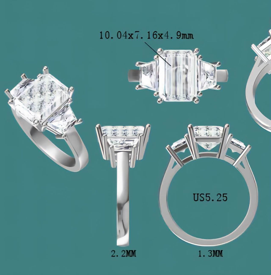 Platinum 3ct F VS1 Lab Radiant Diamond Ring with Side Brilliant Trapezoid Lab Diamond