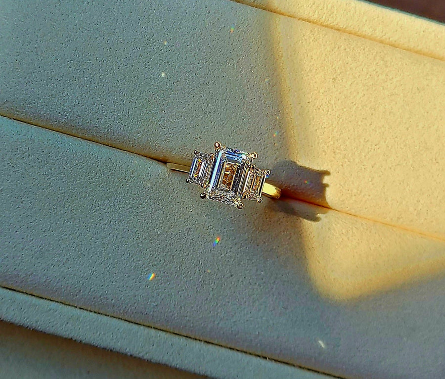 solid 14k gold 2ct f vs1 lab emerald cut diamond ring with side lab emerald cut diamond