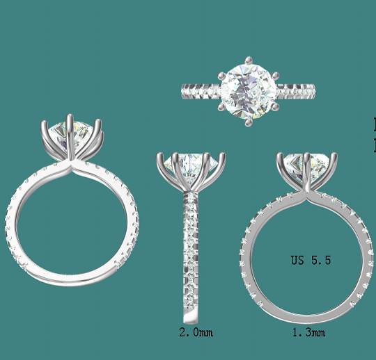 Solid 14k Gold 2ct E VVS2 Lab Round Diamond Ring with Side Lab Diamond, 2mm Wide