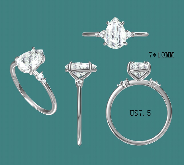 solid 14k gold 2ct 7x10mm pear moissanite ring with side moissanite