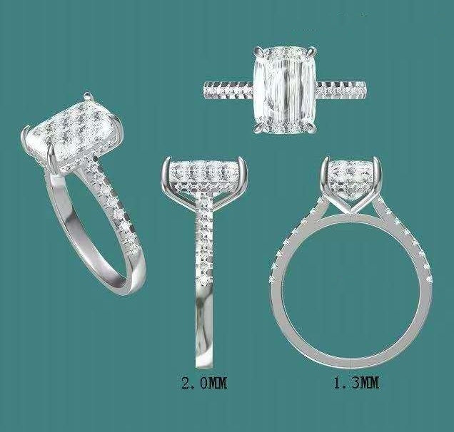 Solid 14k Gold 4ct F VVS2 Lab Diamond Cushion Ring with EF VS Lab Diamond Side and Hidden Halo, Cathedral Setting