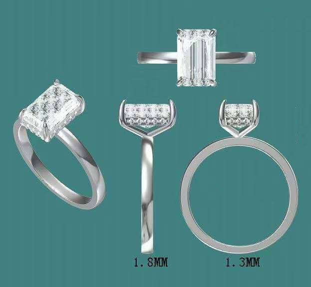 Solid 14k Gold 3ct E VVS2 Lab Diamond Emerald Cut Ring with EF VS Lab Diamond Hidden Halo