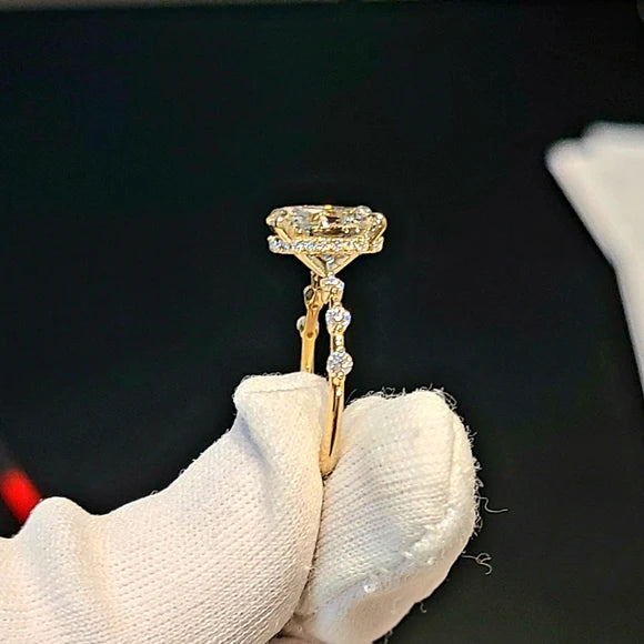 Solid 14k Gold 1.8ct G VS1 Lab Diamond Oval Ring with Lab Diamond Side and Hidden Halo(OV837)