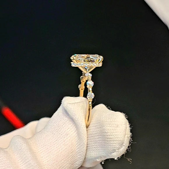 Solid 14k Gold 1.8ct G VS1 Lab Diamond Oval Ring with Lab Diamond Side and Hidden Halo(OV837)