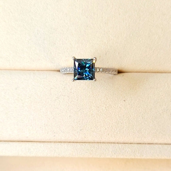 2ct Royal Blue Princess Cut Moissanite Ring