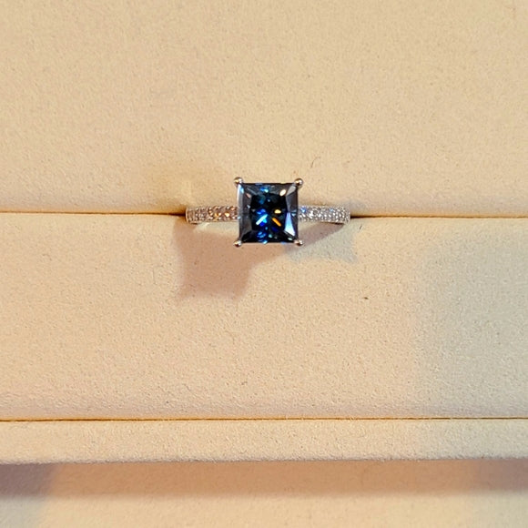 2ct Royal Blue Princess Cut Moissanite Ring