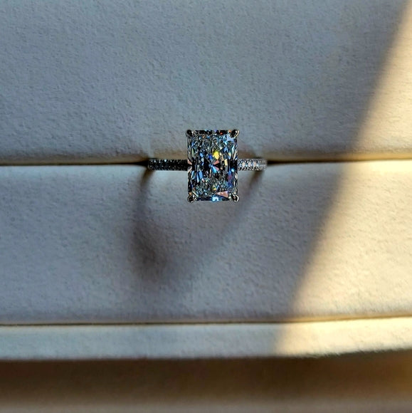 Solid 14k Gold 3ct (G VS1) Lab Radiant Diamond Ring with Side and Hidden Halo Lab Diamond